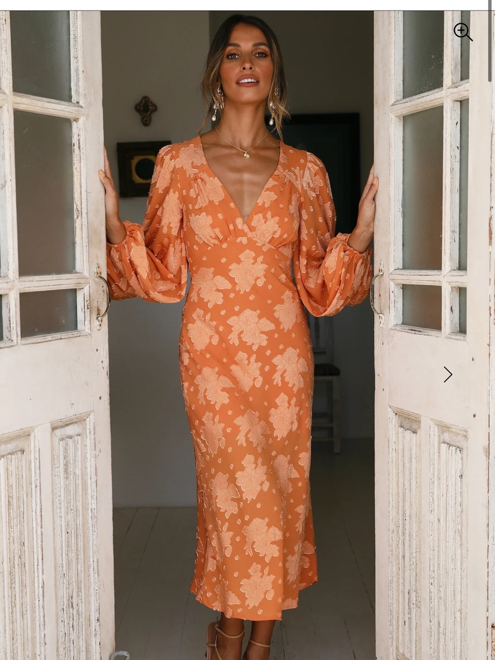 Hello Molly Orange Floral Long Sleeve Midi Dress